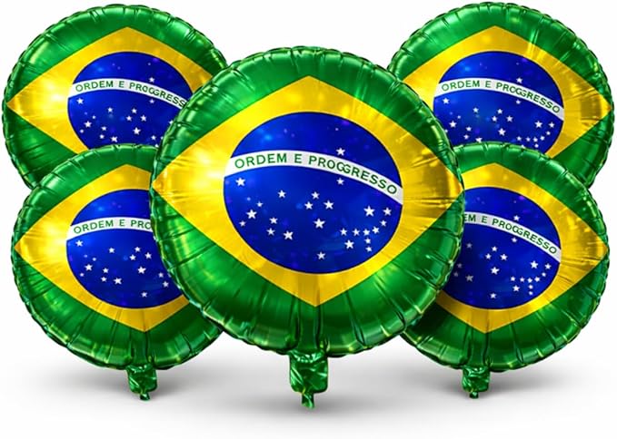 Balão Bandeira do Brasil 18" 45cm Metalizado Kit 5 Unidades Decoração Copa do Mundo Festa Futebol Verde Amarelo